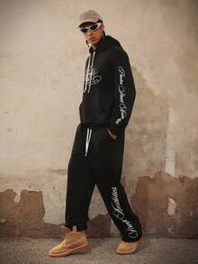 PAVTROS Bộ quần dài và áo hoodie in họa tiết tối giản dành cho nam, nam, rộng thùng thình, tốt nhất, bạn trai, mùa hè, kỳ nghỉ, Y2k, cổ điển, bạn bè, bộ đồ quần dài màu đen in họa tiết phong cách cổ điển cỡ lớn - màu đen - Xem 4