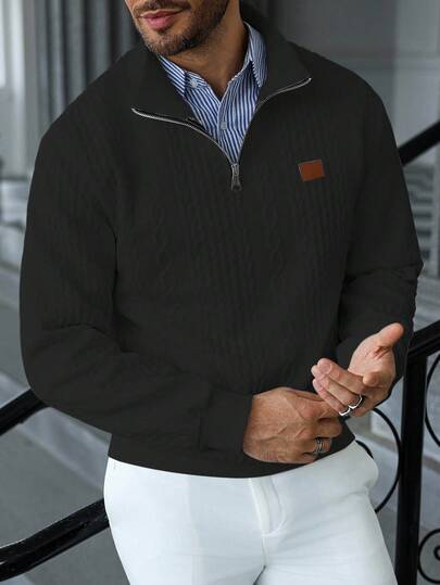 Manfinity Homme Men's Plus Size Casual Solid Color Textured Zip-Up Stand Collar Sweatshirt, Men's New Autumn Pure White Minimalist Casual Zip-Up Pullover Sweatshirt, Men's Clothing, A Versatile Item Suitable For Daily Commuting And Travel, Men's Cable Knit Sweatshirt, Men's Knitwear, Quarter-Zip Sweatshirt Business Casual Men Black Mens Quarter Zip Sweater