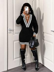 BamGleam Deep V-Neck Textured Padded Knit Striped Long Sleeve Fashionable Winter Mini Dress - Black - View 5