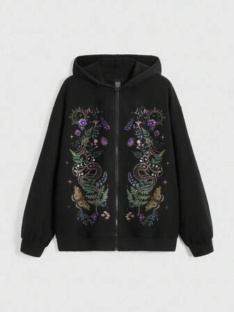 Goth Sudadera elegante y romántica con estampado de flores, mariposas y serpientes, de estilo gótico y oscuro Mori para mujeres
