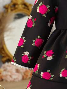 SHEIN Đầm dài tay in hoa kiểu Trung Đông truyền thống thoải mái cho bé gái, thích hợp cho mùa xuân/thu. - màu đen - Xem 5