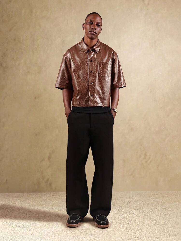 Crocodile Texture Faux Leather Shirt With Chest Pocket