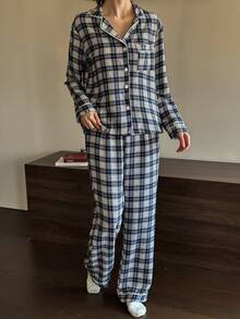 Dream Adore Blue & White Plaid Print Women Casual Long Sleeve Pajama Set With Collar Button Up Pajama Set Coffee Pajamas Sleep Wear Women Set Checkered Pajamas - Blue and White - View 1