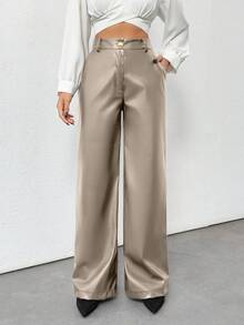 Plus Size Women's Gold Button Detailed Straight Fit Leather Pant - Beige - View 7