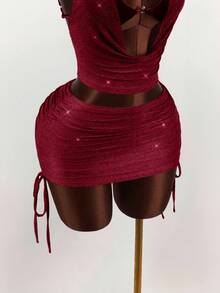 Amplova 女士时尚性感露背吊带上衣和侧边抽绳迷你裙两件套，夏季 - 酒紅色 - 查看 9