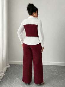 Elenzga Ensemble 2 pièces grande taille pour femmes, Top à simple boutonnage à manches longues et pantalon, tenue décontractée - Rouge - Voir 2