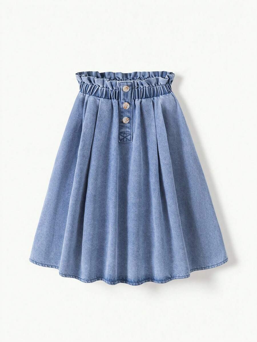 女童蓝色牛仔荷叶边腰部长裙 - 淺色水洗藍 - 查看 1