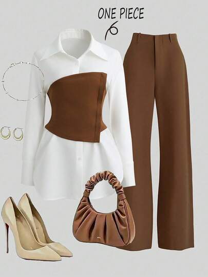 Franclia Nouvelle blouse à manches longues et boutonnée, simple et élégante, avec col rabattu, bicolore blanc et marron, design faux deux-pièces, polyvalente, affinante et flatteuse. Idéale pour l'hiver, Noël, Nouvel An