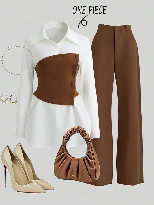 Franclia Nouvelle blouse à manches longues et boutonnée, simple et élégante, avec col rabattu, bicolore blanc et marron, design faux deux-pièces, polyvalente, affinante et flatteuse. Idéale pour l'hiver, Noël, Nouvel An