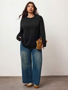 Enliva Plus Size Solid Color Drop Shoulder T-Shirt, For Apple Rounded Body Shape - Black - View 5