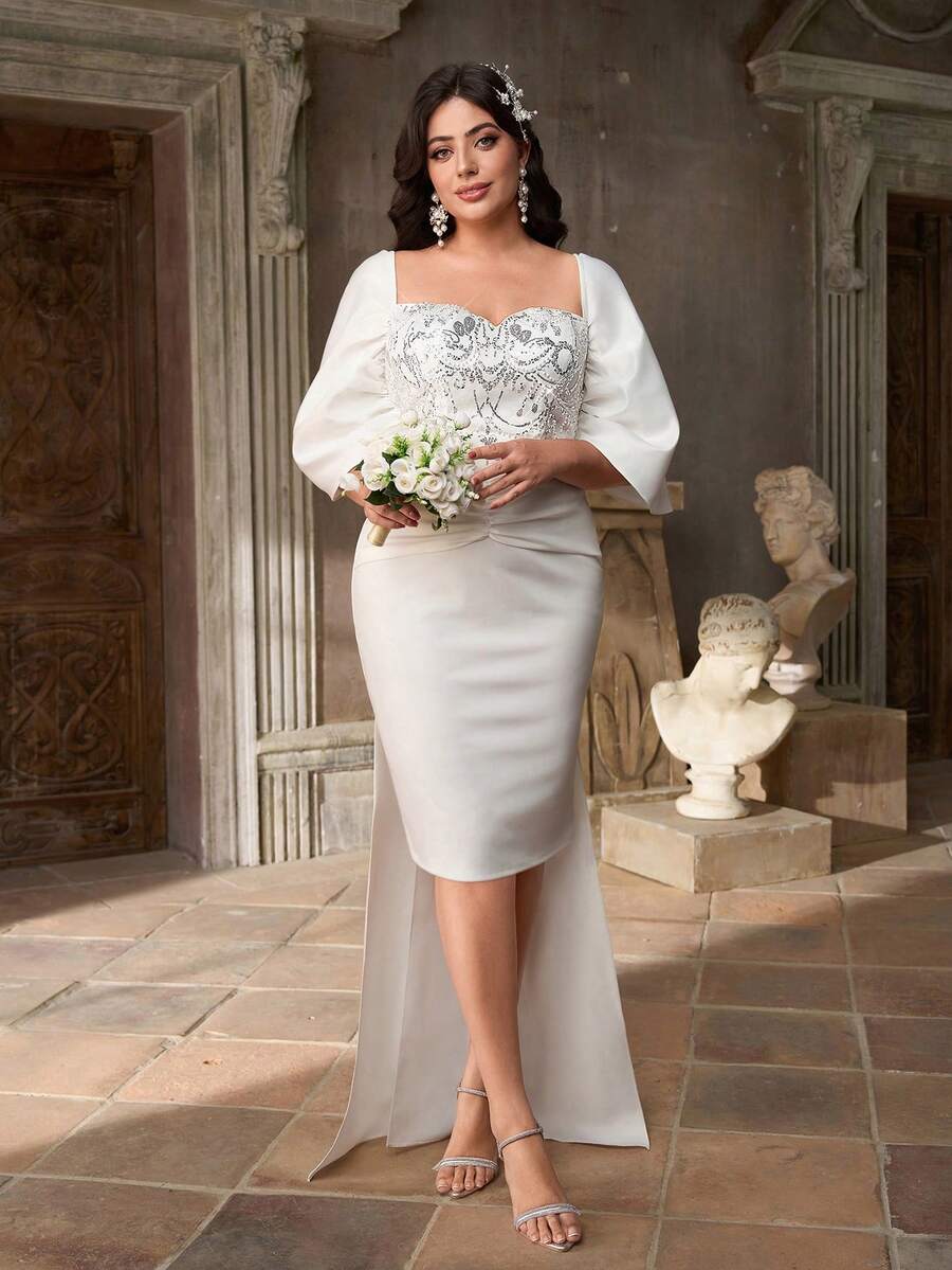 Aureia Plus Size Elegant Romantic White Sweetheart Neck Bow Decor Luxury Beaded Patchwork Knit Fabric Bodycon Cocktail Dress (Detachable Bow) - White - View 1