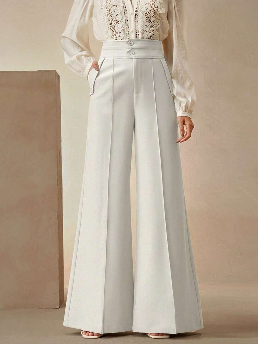 Anewsta 优雅高腰喇叭双排扣西装裤，时尚都市风，新年必备 - 白色 - 查看 1