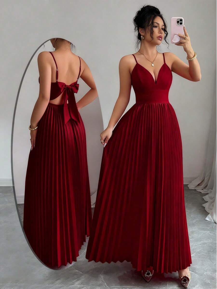 Elenzga Đầm dài hở lưng, dây mảnh, tối giản, màu trơn dành cho nữ - Màu Đỏ Sâu - Xem 1