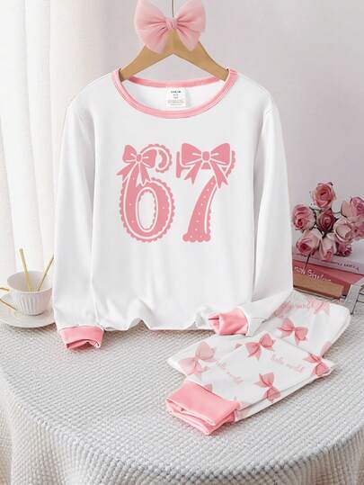 Genkimix Kids Tween Girls Pajamas Set, Featuring Arabic Number 67 Print, Contrast Collar & Cuffs, Crew Neck, Long Sleeve Top And Pants, Snug Fit, Stretchy Fabric, Recommended To Size Up 1 Set For Snug Fit