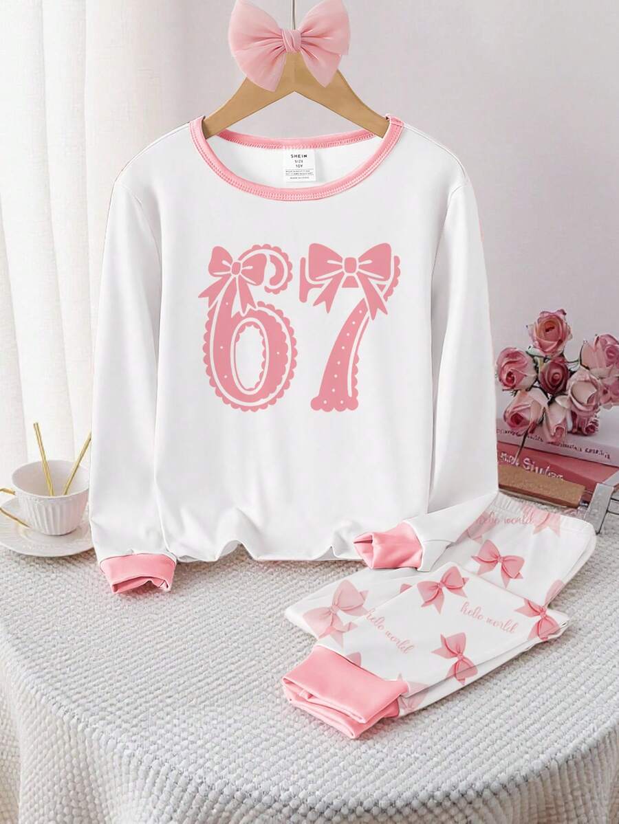 Genkimix Kids 少女睡衣套装,印有阿拉伯数字67图案,撞色领口和袖口,圆领,长袖上衣和裤子,贴身剪裁,弹性面料,建议购买大一码以获得更合身的穿着体验。 - 白色 - 查看 1