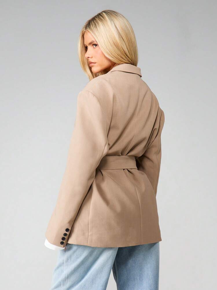 MISSGUIDED Tailored Beige Tie Waist Blazer With Lapels Single Button Closure And Belt Detail Professional Office Wear Jacket