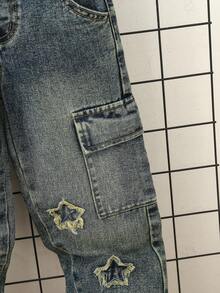 男童休闲宽松直筒撞色缝线工装牛仔裤 - 深色水洗藍 - 查看 10