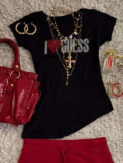 Glimmora Y2K Women's Rhinestone Slogan Graphic Colorful Diamond Retro Shiny Casual Comfortable Short Sleeve Round Neck T-Shirt, Suitable For Daily Gatherings