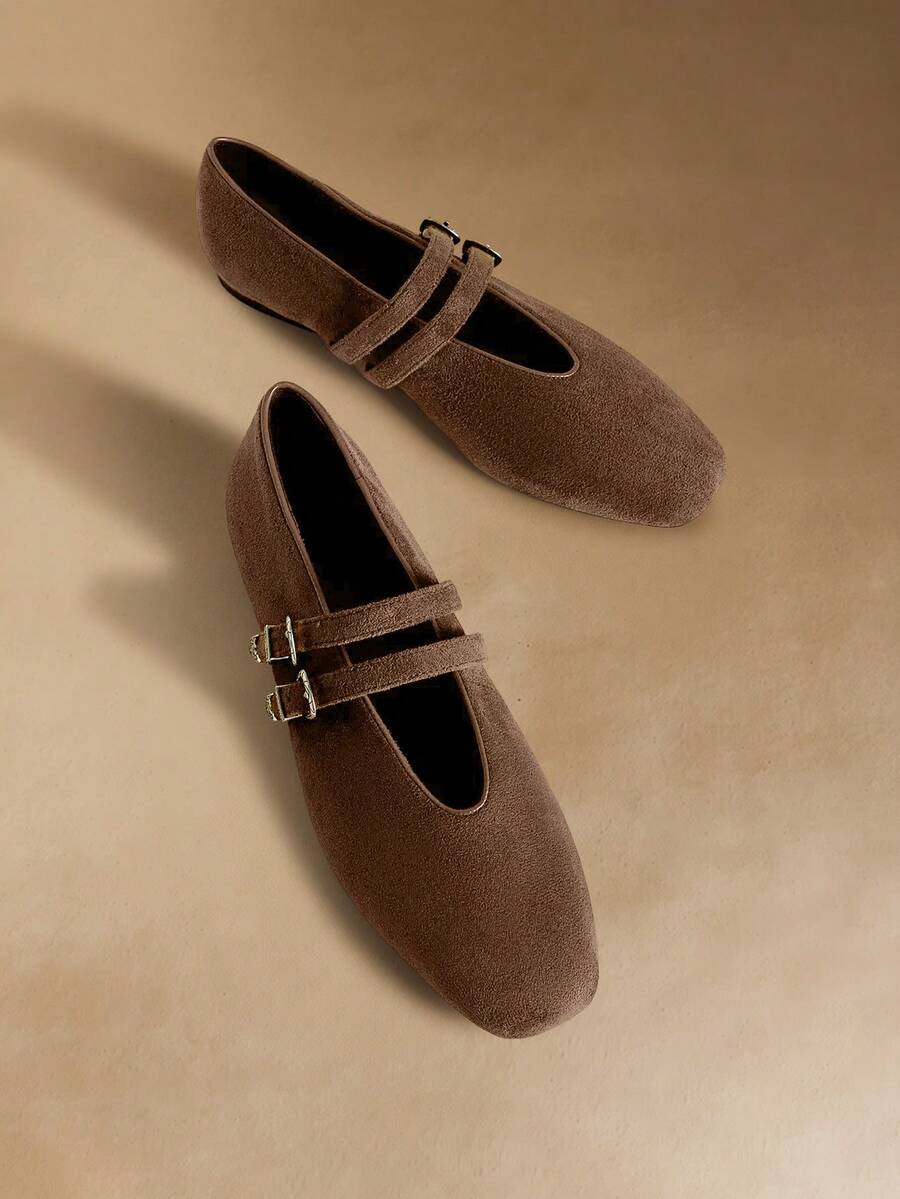 Rosivie 女士休闲百搭通勤简约搭扣平底鞋 - 棕色 - 查看 1