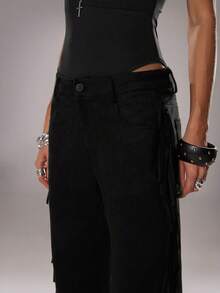 SHEIN TRNDY Women's Casual Flared Leg Faux Suede Fringe Side Pants, Autumn/Winter - Black - View 4