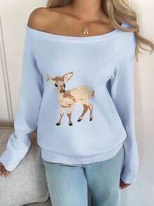 CovetEZ 女士休闲落肩鹿纹毛衣，蓝色 - 藍色 - 查看 3