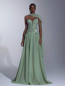 Elitara Elegant Gray-Green Luxury Embellished Off-Shoulder Vintage Palace-Style Extra-Large A-Line Skirt With Adjustable Tie Waist, Suitable For Dates, Weddings, Formal Events, And Formal Banquet Gowns - Grass Green - View 3