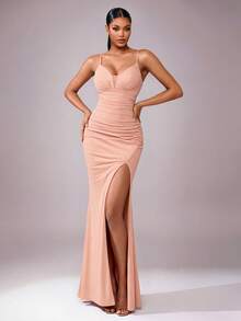 Coutiva Women's Elegant Backless Spaghetti Strap High Slit Long Formal Evening Gown, Party Dress, For Wedding Guest - Pink - View 1