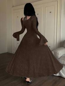 Feyla Women's Solid Color Minimalist Long Sleeve Midi Dress, Casual Everyday Wear - Coffee Brown - View 2