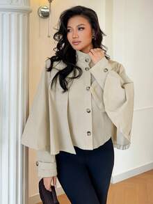 Rafferiza Damen einfarbiger Einreiher-Kragen Cape Trenchcoat - Aprikosenfarben - Übersicht 6