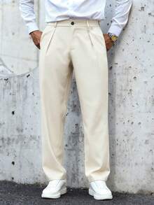 Manfinity Mode 男士休闲/商务斜插口袋纯色长裤 男士正装裤 男士褶裥西装裤 男士休闲裤 米色男士长裤 - 米色 - 查看 4