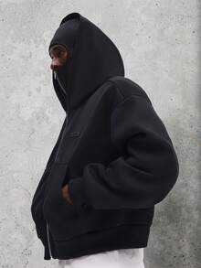 SUMWON 常规款拉链连帽衫，带抽绳帽和前袋，休闲卫衣外套，适合秋冬季日常穿着，纯色 - 黑色 - 查看 1