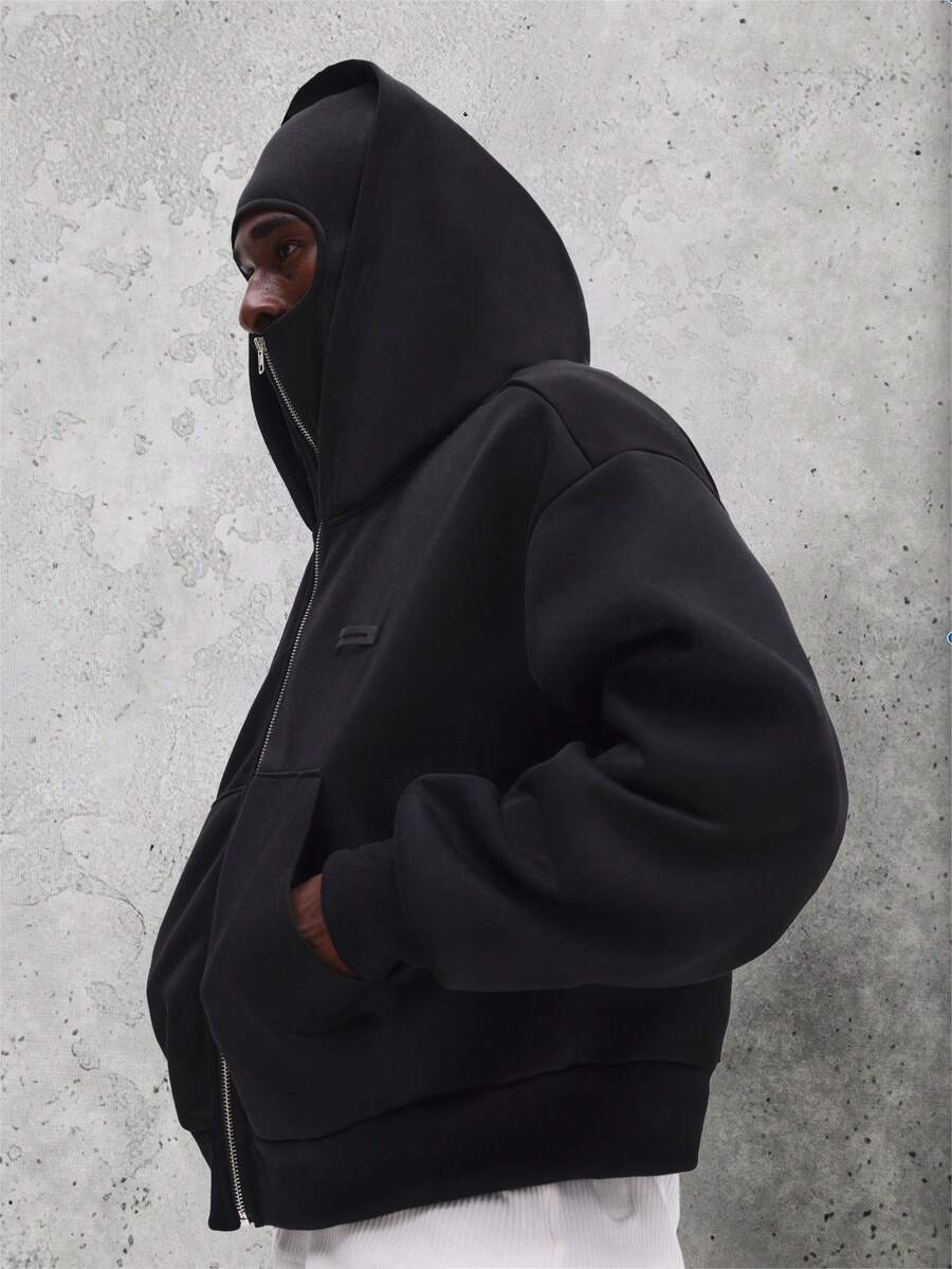 SUMWON 常规款拉链连帽衫，带抽绳帽和前袋，休闲卫衣外套，适合秋冬季日常穿着，纯色 - 黑色 - 查看 1