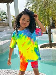 SHEIN Young Girl's Daily Casual Tie-Dye Round Neck Short Sleeve T-Shirt And Shorts Set Multicolor Teen Girls Setscolorful Outfit For Kids - Multicolor - View 5