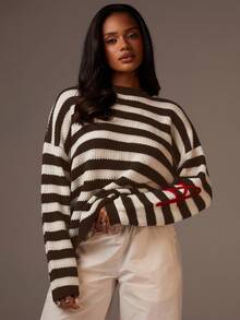 Athîral Women's Casual Everyday Commute Loose Fit Contrast Striped Pattern Sweater, Autumn/Winter, Women's Jumper, Striped Sweater, Women's Brown Sweater, Pullover For Women,Sweaters For Women - Coffee Brown - View 3