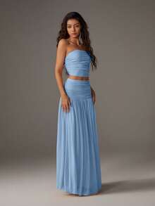 SHEIN PETITE Bộ 2 món áo bandeau lưới trơn màu và chân váy maxi cho nữ - Màu xanh lam - Xem 5