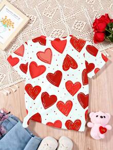 情人节少女休闲时尚创意个性清新可爱简约波点爱心图案印花舒适基础款短款T恤，适合情人节氛围 - 彩色 - 查看 2