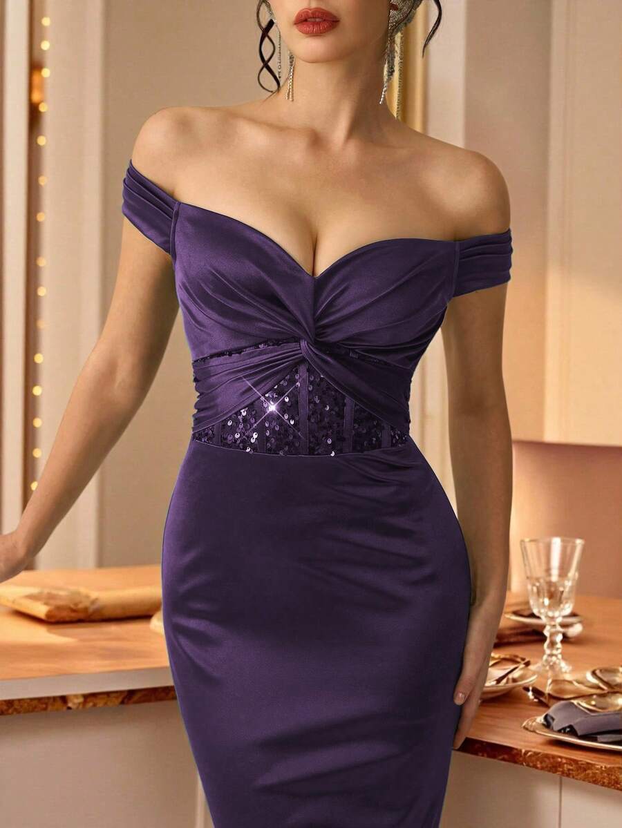 Coutiva 女士纯色露肩扭结亮片拼接美人鱼裙摆正式晚礼服 - 深紫色 - 查看 1