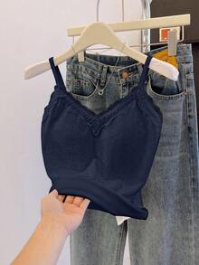 SHEIN Franclia Women's Solid Color Lace Patchwork Elegant Camisole - Navy Blue - View 7