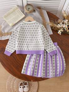 SHEIN Ensemble pull tricoté mignon pour jeunes filles, style universitaire, ensemble 2 pièces pour le printemps/automne. Ensemble jupe vintage mignon pour fillettes. Ensemble jupe pour filles au printemps et à l'automne, tenue pour enfants - Parme - Voir 7