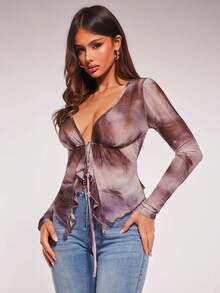 Radiana Women's Sexy & Elegant Purple Mesh Tie-Dye Print Long Sleeve Ruffle Trim Tie Front Casual Blouse, Spring - Multicolor - View 7