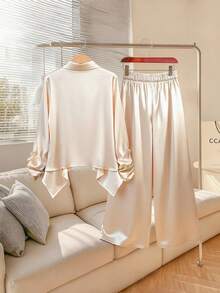 GlowEve CURVE Women's Fashionable Elegant Pleated Long Sleeve Blazer Jacket And Wide Leg Pants Set - Apricot - View 2