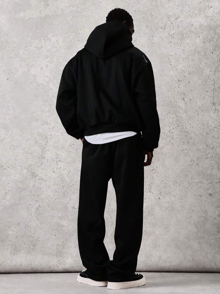 SUMWON Essentials Oversized Pullover Hoodie And Wide Leg Sweatpants Set With Centre Pocket And Drawstring Hood Plain - Black - View 2