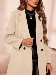 SHEIN Clasi Women's Double Breasted Woolen Coat In Fall/Winter - Beige - View 7