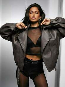 Denimoi 女士简约纯色立领长袖外套，日常穿着 - 黑色 - 查看 5