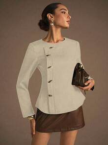 Modelyn 1件女士梭织无弹力长袖金属纽扣修身衬衫，时尚优雅 - 杏色 - 查看 3