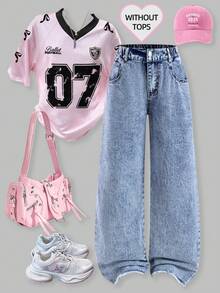 SHEIN Jeansy dla nastolatek z szerokimi nogawkami i wzorem w płatki śniegu, sprane, z kieszeniami i postrzępionymi brzegami, w kolorze vintage z przetarciami, w stylu uniwersyteckim Y2K, na co dzień, urocze, retro, odpowiednie na jesień/zimę, codzienne wyjścia, do szkoły, dojazdy do pracy, imprezy, do domu, na wakacje, na sezon powrotu do szkoły - Niebieski - Zobacz 4