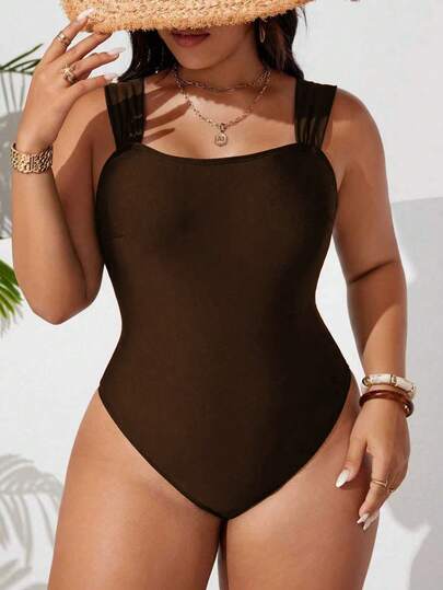 Swim Basics Maiô de uma peça com alças grossas e decote nas costas, em cor sólida, Plus Size