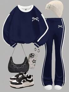 SHEIN Leap Crew 海军蓝复古学院运动风，可爱蝴蝶结点缀，米白色条纹撞色，少女休闲简约加厚宽松圆领卫衣搭配喇叭裤两件套，适合秋冬季节，秋季穿搭，舒适百搭，秋季叠穿，时尚女孩，休闲装，儿童图案服装，返校季，秋季服装，返校节，适合外出、街头风、居家和校园穿着 - 白色 - 查看 2