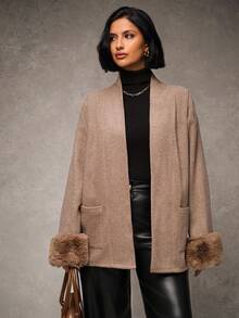 EURMUSE Abrigo de lana y mezcla con cinturón en color visón, con puños de piel sintética, bolsillos grandes, cuello de chal y estilo de ropa de abrigo de invierno para mujer - Café integral - Ver 7