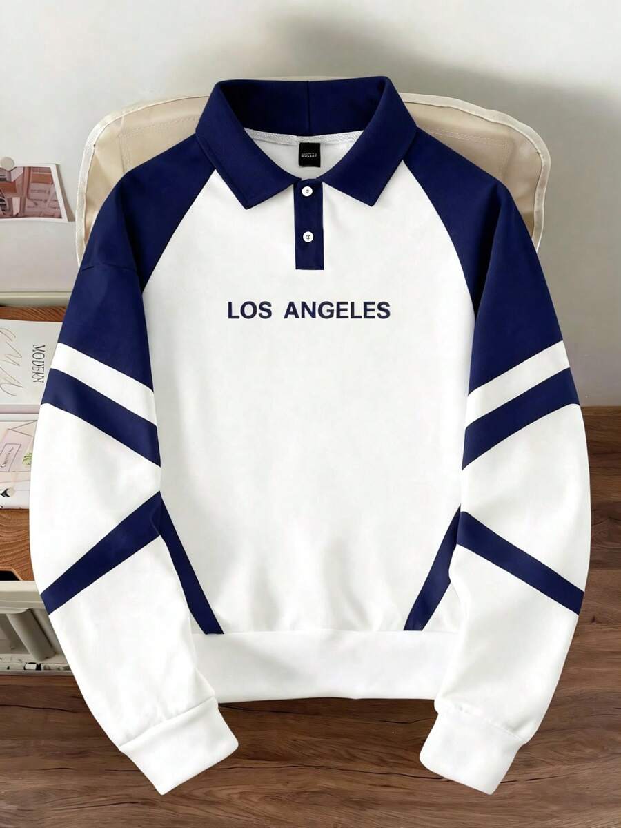 Manfinity Joysei Men's Fashionable Geometric Pattern Polo Collar Sweatshirt, Suitable For Autumn/Winter, School, Outdoor - Blue and White - View 1